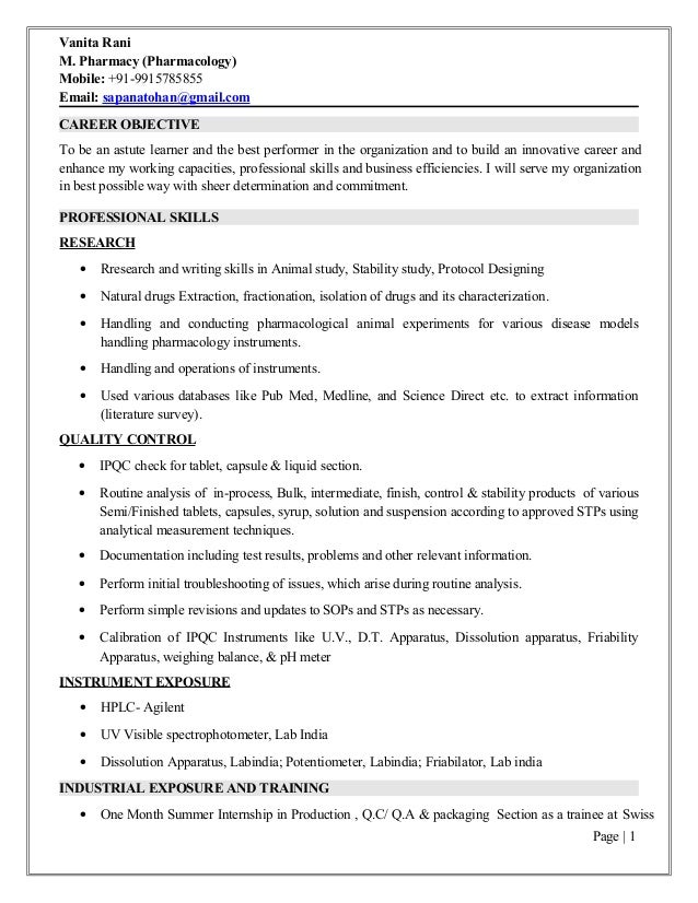 Resume of Vanita Rani M Pharma - Resume Of Vanita Rani Mpharma Pharmacology Copy 1 638 