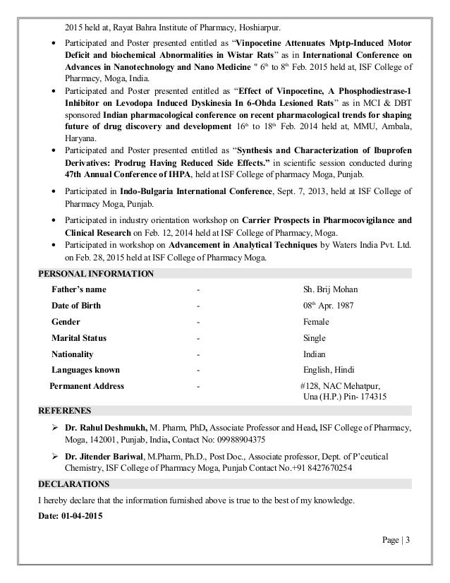 Resume of Vanita Rani M Pharma - Resume Of Vanita Rani Mpharma Pharmacology Copy 3 638 