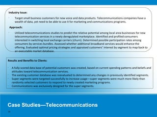 Case Studies—Telecommunications
Industry Issue:
•
Target small business customers for new voice and data products. Telecommunications companies have a
wealth of data, yet need to be able to use it for marketing and communications programs.
Approach:
•
Utilized telecommunications studies to predict the relative potential among local area businesses for new
telecommunication services in a newly deregulated marketplace. Identified and profiled consumers
interested in switching local exchange carriers (churn). Determined possible participation rates among
consumers by services bundles. Assessed whether additional broadband services would enhance the
offering. Evaluated optimal pricing strategies and appraised customers’ interest by segment to map back to
an executable market database.
Results and Benefits to Clients:
•
A fully-scored data base of potential customers was created, based on current spending patterns and beliefs and
attitudes toward telecommunication services.
•
The existing customer database was reevaluated to determined any changes in previously identified segments.
•
Super segments were targeted successfully to increase usage—super segments were much more likely than
randomly selected customers to respond to newly created marketing programs.
•
Communications was exclusively designed for the super segments.
16
 