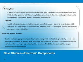 Case Studies—Electronic Components
Industry Issue:
•
A leading global distributor of advanced high value electronic components had a strategic remit to target
the Eastern European market. They already had operations in central and Eastern Europe, but wanted to
validate where to focus their resource investment to maximize ROI.
Approach:
•
Frost & Sullivan designed a methodology, used a team of interviewers & analysts to conduct over 800
interviews in 10 languages in 10 countries across the region using CATI techniques. Analysis and modeling
generated a variety of insights.
Results and Benefits to Clients:
•
Detailed analysis mapping market potential, recommending which markets to target and why, how to best
address end user needs by segment, what distribution and competitive strategies to use, to increase both its
market and share and improve profitability at the same time. The CEO and executives of the company
implemented recommendations.
18
 