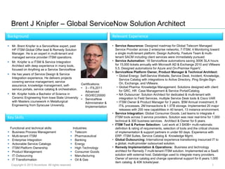 Copyright © 2013 Accenture All rights reserved. 1
Brent J Knipfer – Global ServiceNow Solution Architect
Background Relevant Experience
Key Skills
 Mr. Brent Knipfer is a ServiceNow expert, past
HP ITSM Global Offer lead & Remedy Solution
Manager. He is an expert in multi-tenant and
managed service provider ITSM operations.
 Mr. Knipfer is a ITSM & Service Integration
Architect with deep experience in many tools,
focused on Anything as a Service ServiceNow
 He has years of Service Design & Service
Integration experience. He delivers projects
covering service management, service
assurance, knowledge management, self-
service portals, service catalog & orchestration.
 Mr. Knipfer holds a Bachelor of Science in
Ceramic Engineering from Iowa State University
with Masters coursework in Metallurgical
Engineering from Syracuse University.
Functional and technical skills:
 Business Process Management
 Multi-tenant ITSM
 Enterprise Integration
 Actionable Service Catalogs
 ITSM Platform Ownership
 Product Management
 IT Outsourcing
 IT Transformation
Industries:
 Telecom
 Pharmaceutical
 Banking
 Energy
 High Technology
 Consumer Goods
 Manufacturing
 Oil & Gas
• Service Assurance: Designed roadmap for Global Telecom Managed
Service Provider across 2 enterprise networks, 7 ITSM, 4 Monitoring toward
a single multi-tenant platform. Design Authority, Feature Team & multi-
tenant SACM including client services were immediately pursued.
• Service Automation: 18 ServiceNow automations saving 300K SLA hours
for 15,000 tickets annually with Microsoft AD & Exchange 2010 and VMware
5.5. Designed automations for Azure and On-Premise HyperV.
• ServiceNow Platform Owner, Product Manager & Technical Architect:
• Global Energy: Self-Service Website, Service Desk, Incident, Knowledge,
Service Catalog with integrations to Active Directory, Ping Single-Sign-
On, Exchange, and VMware.
• Global Pharma: Knowledge Management. Solutions designed with client
for GRC, HR Case Management & Service Portal/Catalog.
• NA Outsourcer: Solution Architect for dedicated & multi-tenant with
integration to Field Services, multiple Service Desk tools & Cisco VAR
• ITSM Owner & Product Manager for 3 years. $5M Annual investment; 8
ITIL processes, 2M transactions & 1.5TB storage. Implemented 20 major
releases with 200 new capabilities in 40 tenant, 13 instance environment.
• Service Integration: Global Consumer Goods. Led teams to integrate 4
ITSM tools across 3 service providers. Solution was near real-time for 1,000
technical & 300 business services. Architect & Owner for 6 years.
• ITSM Tool & Partner Selection: Led work at 3 $40B+ multi-nationals:
definition & rating of requirements, selection of tools and the critical choices
of implementation & support partners in under 60 days. Experience with
ERP, ITSM Suites, Service Catalog & Knowledge Mgmt.
• Global Outsourcing: International experience transitioning insourced IT to
a global, multi-provider outsourced solution.
• Remedy Implementation & Operations: Business and technology
architect for Remedy 7 multi-tenant ITSM solution. Implemented as a SaaS
solution with external host. Databridge used to integrate many providers.
Owner of service catalog and change operational support for 6 years.1,000
item catalog & 40K tickets/year.
Certifications:
• 3 - ITIL2011
Advanced
• ISO/IEC20000
• ServiceNow
Administrator &
Implementation
 