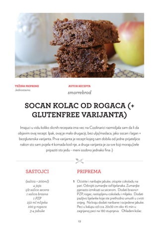 TEŽINA PRIPREME
Jednostavno
AUTOR RECEPTA
smorrebrod
SOCAN KOLAC OD ROGACA (+
GLUTENFREE VARIJANTA)
Imajuci u vidu koliko slicnih recepata ima vec na Coolinarici razmisljala sam da li da
objavim ovaj recept. Ipak, ovaj je malo drugaciji, bez ulja/maslaca, jako socan i lagan +
bezglutenska varijanta. Prva varijanta je recept kojeg sam dobila od jedne prijateljice
nakon sto sam pojela 4 komada kod nje, a druga varijanta je za sve koji moraju/zele
pripaziti sto jedu - meni osobno jednako fina :)
SASTOJCI PRIPREMA
(salica = 200ml)
4 jaja
1/2 salice secera
1 salica brasna
1 PZP
150 ml mlijeka
100 g rogaca
3-4 jabuke
1 Ocistite i naribajte jabuke, otopite cokoladu na
pari. Odvojiti zumanjke od bjelanaka. Zumanjke
pjenasto izmiksati sa secerom. Dodati brasno+
PZP, rogac, rastopljenu cokoladu i mlijeko. Dodati
pazljivo bjelanke koje ste prethodno umutili u cvrsti
snijeg. Na kraju dodati naribane i ocijedene jabuke.
Peci u kalupu od cca. 20x30 cm oko 45 min u
zagrijanoj peci na 180 stupnjeva. Ohladeni kolac
19
 