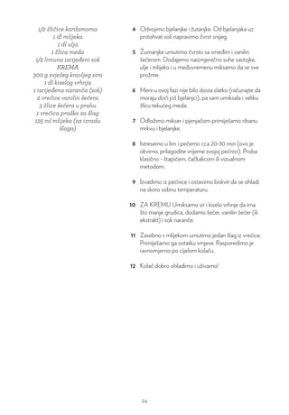 1/2 žličice kardamoma
1 dl mlijeka
1 dl ulja
1 žlica meda
1/2 limuna iscijeđeni sok
KREMA
300 g svježeg kravljeg sira
1 dl kiselog vrhnja
1 iscijeđena naranča (sok)
2 vrećice vanilin šećera
3 žlice šećera u prahu
1 vrećica praška za šlag
125 ml mlijeka (za izradu
šlaga)
4 Odvojimo bjelanjke i žutanjke. Od bjelanjaka uz
prstohvat soli napravimo čvrst snijeg.
5 Žumanjke umutimo čvrsto sa smeđim i vanilin
šećerom. Dodajemo naizmjenično suhe sastojke,
ulje i mlijeko i u međuvremenu miksamo da se sve
prožme.
6 Meni u ovoj fazi nije bilo dosta slatko (računajte da
moraju doći još bjelanjci), pa sam umiksala i veliku
žlicu tekućeg meda.
7 Odložimo mikser i pjenjačom primiješamo ribanu
mrkvu i bjelanjke.
8 Istresemo u lim i pečemo cca 20-30 min (ovo je
okvirno, prilagodite vrijeme svojoj pećnici). Proba
klasično - štapićem, čačkalicom ili vizualnom
metodom.
9 Izvadimo iz pećnice i ostavimo biskvit da se ohladi
na skoro sobnu temperaturu.
10 ZA KREMU Umiksamo sir i kiselo vrhnje da ima
što manje grudica, dodamo šećer, vanilin šećer (ili
ekstrakt) i sok naranče.
11 Zasebno s mlijekom umutimo jedan šlag iz vrećice.
Primiješamo ga ostatku smjese. Rasporedimo je
ravnomjerno po cijelom kolaču.
12 Kolač dobro ohladimo i uživamo!
24
 