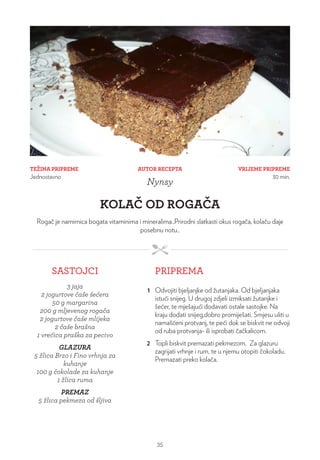 TEŽINA PRIPREME
Jednostavno
VRIJEME PRIPREME
30 min.
AUTOR RECEPTA
Nynsy
KOLAČ OD ROGAČA
Rogač je namirnica bogata vitaminima i mineralima..Prirodni slatkasti okus rogača, kolaču daje
posebnu notu..
SASTOJCI PRIPREMA
3 jaja
2 jogurtove čaše šećera
50 g margarina
200 g mljevenog rogača
2 jogurtove čaše mlijeka
2 čaše brašna
1 vrećica praška za pecivo
GLAZURA
5 žlica Brzo i Fino vrhnja za
kuhanje
100 g čokolade za kuhanje
1 žlica ruma
PREMAZ
5 žlica pekmeza od šljiva
1 Odvojiti bjeljanjke od žutanjaka. Od bjeljanjaka
istući snijeg. U drugoj zdjeli izmiksati žutanjke i
šećer, te mješajući dodavati ostale sastojke. Na
kraju dodati snijeg,dobro promiješati. Smjesu uliti u
namašćeni protvanj, te peći dok se biskvit ne odvoji
od ruba protvanja- ili isprobati čačkalicom.
2 Topli biskvit premazati pekmezom. Za glazuru
zagrijati vrhnje i rum, te u njemu otopiti čokoladu.
Premazati preko kolača.
35
 