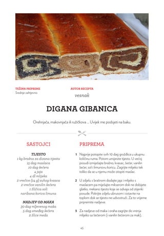 TEŽINA PRIPREME
Srednje zahtjevno
AUTOR RECEPTA
vesnak
DIGANA GIBANICA
Orehnjača, makovnjača ili ružičkova ... Uvijek me podsjeti na baku.
SASTOJCI PRIPREMA
TIJESTO
1 kg brašna za dizana tijesta
15 dag maslaca
10 dag šećera
4 jaja
4 dl mlijeka
2 vrećice (14 g) suhog kvasca
2 vrećice vanilin šećera
1 žličica soli
naribana korica limuna
NADJEV OD MAKA
30 dag mljevenog maka
5 dag smeđeg šećera
2 žlice meda
1 Najprije potopite svih 10 dag grožđica u ukupnu
količinu ruma. Potom umijesite tijesto. U većoj
posudi izmiješajte brašno, kvasac, šećer, vanilin
šećer, sol i limunovu koricu. Zagrijte mlijeko tek
toliko da se u njemu može otopiti maslac.
2 U zdjelu s brašnom dodajte jaja i mlijeko s
maslacem pa miješajte mikserom dok ne dobijete
glatko, mekano tijesto koje se odvaja od stijenki
posude. Pokrijte zdjelu ubrusom i ostavite na
toplom dok se tijesto ne udvostruči. Za to vrijeme
pripremite nadjeve.
3 Za nadjeve od maka i oraha zagrijte do vrenja
mlijeko sa šećerom (i vanilin šećerom za mak),
45
 