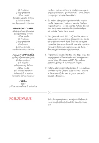 1/4 l mlijeka
5 dag grožđica
1 žlica ruma
2 vrećice vanilin šećera
1 žličica cimeta
naribana korica limuna
NADJEV OD ORAHA
35 dag mljevenih oraha
5 dag smeđeg šećera
2 žlice meda
1/4 l mlijeka
5 dag grožđica
1/2 dl ruma
1 žličica cimeta
naribana korica limuna
NADJEV OD ROGAČA
35 dag mljevenog rogača
15 dag maslaca
3 dl mlijeka
5 dag smeđeg šećera
2 žlice meda
1 dl soka od naranče
5 dag suhih brusnica
naribana korica naranče
I JOŠ ...
1 jaje
3 žlice marmelade ili drhtalice
medom i koricom od limuna. Dodajte mak/orahe,
pripadajuću količinu grožđica i ruma i cimet. Dobro
pomiješajte i ostavite da se ohladi.
4 Za nadjev od rogača u kipućem mlijeku otopite
maslac, šećer, med i koricu od naranče. Dodajte
rogače, brusnice i sok od naranče. Kuhajte desetak
minuta uz stalno miješanje. Po potrebi dodajte
još mlijeka. Pustite da se ohladi.
5 Lim (ja sam koristila 35x27 cm) obložite papirom
za pečenje. Na pobrašnjeni stolnjak istresite tijesto
pa ga podijelite na tri dijela. Svaki dio razvaljajte,
premažite tijesto drhtalicom (ili marmeladom) koja
nema previše intenzivnu aromu, npr. od dunja.
Preko toga namažite nadjev i zarolajte.
6 Pripremljene štruce ostavite u limu da počivaju dok
se grije pećnica. Premažite ih umućenim jajetom i
pecite 50 do 60 minuta na 180°. Ako prebrzo
potamne, pokrijte ih aluminijskom folijom.
7 Pečenu gibanicu pomoću stolnjaka ili većeg ubrusa
izvrnite naopako (da dno bude na vrhu) i ostavite
je da se ohladi (tako vam se gornja kora neće
odvojiti od nadjeva).
POSLUŽIVANJE Kažu da diganu gibanicu treba jesti ohlađenu, ali
meni je najdraži topli okrajak i to si priuštim svaki
put!
46
 