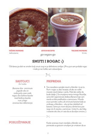 TEŽINA PRIPREME
Jednostavno
VRIJEME PRIPREME
10 min.
AUTOR RECEPTA
go-vegan-go
SMUTI I ROGAC :)
Od danas pa dok ne smislim bolji smuti ovaj mi je definitivno omiljen :)Prvu put sam probala rogac
i malo je reci koliko sam odusevljena.
SASTOJCI
Za 1 osobu
PRIPREMA
Banane dve - smrznute
jagode oko 10
voda pola case vode
rogac dve kafene kasike
med kafena kasika
rum 3 kapi
ananas kao dekoracija
1 Sve navedene sastojke staviti u blender i to je to.
Rum i rogac su deo recepta, ali ako ne volite
mozete staviti kakao i vanilu. Med ako zelite da
bude sladje :) Sa smutijima nema mnogo filozofije,
samo bih napomenula sledece.Banane koje sam
stavila su bile predhodno u zamrzivacu. Mozda
zvuci pomalo cudno, ali smrznute banane kada se
umiksaju u blenderu - ukus je kao sladoled od
banana. Samo po mom iskustvu skinite koru pre
nego sto ih stavite u zamrzivac. Uvite ih u alu foliju
i ostavite oko dva, tri sata da se dovoljno smrznu :)
POSLUŽIVANJE Kocke ananasa nisam stavljala u blender vec
pomesala sa gotovim smutijem jer smatram da se
7
 