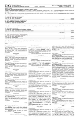 5Ano II - No- LV - Poder Executivo - Campos dos Goytacazes
quinta-feira - 24 de junho de 2010PODER EXECUTIVO
DIÁRIO OFICIAL
do Município de Campos dos GoytacazesD.O.
Decreto nº 172/2010
DISPÕE SOBRE CRÉDITO ADICIONAL SUPLEMENTAR NO ORÇAMENTO FISCAL DO MUNICÍPIO
A Prefeita do Município de Campos dos Goytacazes, Estado do Rio de Janeiro, no uso de suas atribuições legais, nos termos do artigo 73, inciso IX, da Lei Orgânica do Município de Campos dos Goytacazes e em
conformidade com o Artigo 6º, inciso II da Lei Municipal (LOA) nº 8.148/2009, publicada em 30/12/2009 e com os artigos 7º, inciso I, 42 e 43, inciso III, da Lei Federal nº 4.320/64;
D E C R E T A:
Art. 1o - Abre-se o orçamento fiscal do Município de Campos dos Goytacazes, para inserir Crédito Adicional Suplementar de verba orçamentária no valor total de R$ 490.000,00 (quatrocentos e noventa mil reais) nas
dotações referentes aos programas de trabalho abaixo discriminados:
SUPLEMENTAÇÕES
UG: 040100 - SECRETARIA DE GOVERNO
UO: 04010 - GABINETE DO SECRETARIO DE GOVERNO
1.04.122.0067.2269 - APOIO ADM. SEC. GOVERNO
FONTE 0144 - NAT 335041 - CONTRIBUICOES 420.000,00
TOTAL DA UG 420.000,00
UG: 060100 - SECRETARIA MUNICIPAL DE ADMINISTRACAO RH
UO: 06010 - GABINETE DO SECRETARIO DE ADMINISTRACAO
1.04.122.0067.2271 - APOIO ADM. SEC. ADMINISTRAÇÃO
FONTE 0144 - NAT 449052 - EQUIPAMENTOS E MATERIAL PERMANENTE 70.000,00
TOTAL DA UG 70.000,00
Art. 2o - O recurso necessário para o Crédito Adicional Suplementar, citado no artigo 1º, é proveniente de anulações nas dotações constantes nos programas de trabalho abaixo discriminados:
ANULAÇÕES
UG: 020600 - DEFESA CIVIL MUNICIPAL
UO: 02060 - DEFESA CIVIL MUNICIPAL
1.06.182.0065.1252 - CAPACITAÇÃO PARA ATUAÇÃO DURANTE DESASTRES
FONTE 0144 - NAT 339039 - OUTROS SERVICOS DE TERCEIROS-PESSOA JURIDICA 20.000,00
2.06.244.0065.4416 - ATENDIMENTO AOS MUNICIPES
FONTE 0144 - NAT 339039 - OUTROS SERVICOS DE TERCEIROS-PESSOA JURIDICA 50.000,00
TOTAL DA UG 70.000,00
UG: 150100 - SECRETARIA MUNICIPAL DE OBRAS E URBANISMO
UO: 15010 - GABINETE DO SECRETARIO DE OBRAS E URBANISMO
1.12.361.0013.1485 - SALAS DE RECURSOS - CONSTRUÇÃO
FONTE 0144 - NAT 449051 - OBRAS E INSTALACOES 200.000,00
1.12.361.0013.1532 - ACESSIBILIDADE
FONTE 0144 - NAT 449051 - OBRAS E INSTALACOES 220.000,00
TOTAL DA UG 420.000,00
Art. 3o - Este Decreto entra em vigor na data de sua publicação, revogando-se as disposições em contrário.
Campos dos Goytacazes(RJ), 23 de junho de 2010
ROSINHA GAROTINHO
Prefeita
Id: 978059
Portaria N° 400 /2010
A PREFEITA DO MUNICÍPIO DE CAMPOS DOS GOYTACAZES, no
uso de suas atribuições legais,
RESOLVE, com base no art. 6º, da Emenda Constitucional 41/03,
APOSENTAR, a Assistente Administrativa II, lotada na Secretaria Mu-
nicipal de Finanças, matrícula n° 4634, Maria de Fátima Moraes Ran-
gel, com proventos integrais, a serem fixados pela Secretaria Muni-
cipal de Administração.
PREFEITURA MUNICIPAL DE CAMPOS DOS GOYTACAZES, 14 de
junho de 2010.
Rosinha Garotinho
- Prefeita -
Portaria N°414/2010
A PREFEITA DO MUNICÍPIO DE CAMPOS DOS GOYTACAZES, no
uso de suas atribuições legais,
RESOLVE, a pedido, exonerar do Serviço Público Municipal, o Auxiliar
de Secretaria, lotado na Secretaria Municipal de Educação, matrícula
n° 16144, Igor Primo Curttis, com efeito a contar de 27/01/10.
PREFEITURA MUNICIPAL DE CAMPOS DOS GOYTACAZES, 18 de
junho de 2010.
Rosinha Garotinho
- Prefeita -
Portaria N°415/2010
A PREFEITA DO MUNICÍPIO DE CAMPOS DOS GOYTACAZES, no
uso de suas atribuições legais,
RESOLVE, a pedido, exonerar do Serviço Público Municipal, o Pro-
fessor I- 20 horas, lotado na Secretaria Municipal de Educação, ma-
trícula n° 15939, Ramon Ricardo Ribeiro, com efeito a contar de
26/03/10.
PREFEITURA MUNICIPAL DE CAMPOS DOS GOYTACAZES, 18 de
junho de 2010.
Rosinha Garotinho
- Prefeita -
Portaria N°416/2010
A PREFEITA DO MUNICÍPIO DE CAMPOS DOS GOYTACAZES, no
uso de suas atribuições legais,
RESOLVE, a pedido, exonerar do Serviço Público Municipal, o Guarda
Civil Municipal, lotado na Guarda Civil Municipal, matrícula n° 18559,
Pedro César Gomes Neto, com efeito a contar de 31/03/10.
PREFEITURA MUNICIPAL DE CAMPOS DOS GOYTACAZES, 18 de
junho de 2010.
Rosinha Garotinho
- Prefeita -
Portaria N°417/2010
A PREFEITA DO MUNICÍPIO DE CAMPOS DOS GOYTACAZES, no
uso de suas atribuições legais,
RESOLVE, a pedido, exonerar do Serviço Público Municipal, o Pro-
fessor I- 20 horas, lotado na Secretaria Municipal de Educação, ma-
trícula n° 15775, Alexandre Rodrigues da Costa, com efeito a contar
de 19/03/10.
PREFEITURA MUNICIPAL DE CAMPOS DOS GOYTACAZES, 18 de
junho de 2010.
Rosinha Garotinho
- Prefeita -
Portaria N°418/2010
A PREFEITA DO MUNICÍPIO DE CAMPOS DOS GOYTACAZES, no
uso de suas atribuições legais,
RESOLVE, a pedido, exonerar do Serviço Público Municipal, o Auxiliar
de Vigilância, lotado na Guarda Civil Municipal, matrícula n° 20125,
Akintola do Rosário Assis, com efeito a contar de 05/03/10.
PREFEITURA MUNICIPAL DE CAMPOS DOS GOYTACAZES, 18 de
junho de 2010.
Rosinha Garotinho
- Prefeita -
Portaria N°420/2010
A PREFEITA DO MUNICÍPIO DE CAMPOS DOS GOYTACAZES, no
uso de suas atribuições legais,
RESOLVE, a pedido, exonerar do Serviço Público Municipal, a Pro-
fessora I- 20 horas, lotada na Secretaria Municipal de Educação, ma-
trícula n° 21504, Aline Bahiense Pereira, com efeito a contar de
01/04/10.
PREFEITURA MUNICIPAL DE CAMPOS DOS GOYTACAZES, 18 de
junho de 2010.
Rosinha Garotinho
- Prefeita -
Id: 977956
Portaria N° 2403/2009
A PREFEITA DO MUNICÍPIO DE CAMPOS DOS GOYTACA-
ZES, no uso de suas atribuições legais,
RESOLVE, com base no art. 6º da Emenda Constitucional
41/2003, APOSENTAR, a Agente de Serviços Gerais III, lotada na Se-
cretaria Municipal de Educação, matrícula nº4264, Celina de Souza
Félix, com proventos integrais, a serem fixados pela Secretaria Mu-
nicipal de Administração.
PREFEITURA MUNICIPAL DE CAMPOS DOS GOYTACA-
ZES, 27 de outubro de 2009.
Rosinha Garotinho
- Prefeita -
(Republicada por ter saído com incorreção)
Id: 977635
Portaria N° 0245/2010
A PREFEITA DO MUNICÍPIO DE CAMPOS DOS GOYTACA-
ZES, no uso de suas atribuições legais,
RESOLVE, com base no art. 40,§ 1°, I, da CF e art. 105, I,
§1° c/c art. 107, § 2° da Lei 5247/91, APOSENTAR, o Jardineiro, lo-
tado na Secretaria Municipal de Agricultura, matrícula n° 7028, Elias
de Almeida Godoi, com vigência a contar de 13/07/2009, data do
laudo médico, com proventos integrais a serem fixados pela Secre-
taria Municipal de Administração.
PREFEITURA MUNICIPAL DE CAMPOS DOS GOYTACA-
ZES, 14 de abril de 2010.
Rosinha Garotinho
- Prefeita -
(Republicada por ter saído com incorreção)
Id: 977966
Portaria N°397/2010
A PREFEITA DO MUNICÍPIO DE CAMPOS DOS GOYTACA-
ZES, no uso de suas atribuições legais,
RESOLVE, nomear, com base no Decreto n° 028/09, Nice Pi-
res, para exercer na Secretaria Municipal de Educação, o cargo em
comissão de Secretária da E. M. João Goulart, Classificação “C”,
Símbolo DAS- 09, com vigência a partir da data de publicação.
PREFEITURA MUNICIPAL DE CAMPOS DOS GOYTACA-
ZES, 14 de junho de 2010.
Rosinha Garotinho
- Prefeita -
Id: 978036
Portaria N° 405 /2010
A PREFEITA DO MUNICÍPIO DE CAMPOS DOS GOYTACAZES, no
uso de suas atribuições legais,
RESOLVE, com base no art. 6º da EC nº 41/2003, APOSENTAR, a
Agente de Serviços Gerais III, lotada na Secretaria Municipal de Edu-
cação, matrícula n° 4279, Anilça Rosa Julio, , com proventos inte-
grais, a serem fixados pela Secretaria Municipal de Administração.
PREFEITURA MUNICIPAL DE CAMPOS DOS GOYTACAZES, 15 de
junho de 2010.
Rosinha Garotinho
- Prefeita -
Portaria N° 406 /2010
A PREFEITA DO MUNICÍPIO DE CAMPOS DOS GOYTACAZES, no
uso de suas atribuições legais,
RESOLVE, com base no art. 6º da EC nº 41/2003, APOSENTAR, o
Atendente de Consultório, lotado na Secretaria Municipal de Saúde,
matrícula n° 5498, João Amaro Clemente, , com proventos integrais, a
serem fixados pela Secretaria Municipal de Administração.
PREFEITURA MUNICIPAL DE CAMPOS DOS GOYTACAZES, 15 de
junho de 2010.
Rosinha Garotinho
- Prefeita -
Portaria N°407/2010
A PREFEITA DO MUNICÍPIO DE CAMPOS DOS GOYTACAZES, no
uso de suas atribuições legais,
RESOLVE, com base no despacho exarado no processo 1609/10, pu-
blicado em 09/06/10, conceder a Eliane Maria Corrêa Barreto, na con-
dição de viúva, do falecido funcionário Antônio Barreto, pertencente ao
quadro de ex- servidor desta Municipalidade, era lotado na Secretaria
Municipal de Agricultura, na função de Jardineiro, matrícula n° 6966,
uma Pensão Mensal, no percentual correspondente a 50% ( cinqüenta
por cento) dos proventos do falecido servidor acima citado e os outros
50% ( cinqüenta por cento) para a filha menor, Verônica Corrêa Bar-
reto, até completar 21 anos de idade, com efeito a contar de
02/03/10, data do óbito, tudo com base nos artigos 111 e ss do Es-
tatuto dos Funcionários Públicos Municipais, art. 8°, I, 73, 76 e 78, I,
da Lei n° 6786/99, com alterações prescritas na Lei n° 7539/03- PRE-
VICAMPOS, bem como observância do art. 40, § 7°, II, da Carta Re-
publicana.
PREFEITURA MUNICIPAL DE CAMPOS DOS GOYTACAZES, 17 de
junho de 2010.
Rosinha Garotinho
- Prefeita -
Portaria N°408/2010
A PREFEITA DO MUNICÍPIO DE CAMPOS DOS GOYTACAZES, no
uso de suas atribuições legais,
RESOLVE, com base no despacho exarado no processo n° 2412/10,
publicado em 09/06/10, conceder a Gerson Ribeiro Barreto, na con-
dição de viúvo, da falecida funcionária Cirene Ribeiro Barreto, perten-
cente ao quadro de inativos desta Municipalidade, era lotada na Se-
cretaria Municipal de Educação, na função de Professora II- 25 horas,
matrícula n° 1748, uma Pensão Mensal no percentual correspondente
a 100% (cem por cento) dos proventos da falecida servidora acima
citada, com efeito a contar de 29/03/10, data do óbito, tudo com base
no art. 111 e ss do Estatuto dos Funcionários Públicos Municipais- Lei
n° 5247/91, artigos 8°, I, 73, 76 e 78, III da Lei n° 6786/99- PRE-
VICAMPOS, bem como preceito constitucional n° 40, § 7°, I, redação
dada pela EC n° 41/03.
PREFEITURA MUNICIPAL DE CAMPOS DOS GOYTACAZES, 17 de
junho de 2010.
Rosinha Garotinho
- Prefeita -
Portaria N°409/2010
A PREFEITA DO MUNICÍPIO DE CAMPOS DOS GOYTACAZES, no
uso de suas atribuições legais,
RESOLVE, com base no art. 6° da EC n° 41/03, APOSENTAR, a Pro-
fessora I- 20 horas, lotada na Secretaria Municipal de Educação, ma-
trícula n° 1241, Celme Maria de Carvalho Souza, com proventos in-
tegrais, a serem fixados pela Secretaria Municipal de Educação.
PREFEITURA MUNICIPAL DE CAMPOS DOS GOYTACAZES, 18 de
junho de 2010.
Rosinha Garotinho
- Prefeita -
Portaria N°410/2010
A PREFEITA DO MUNICÍPIO DE CAMPOS DOS GOYTACAZES, no
uso de suas atribuições legais,
RESOLVE, com base no despacho exarado no processo n° 2249/10,
publicado em 09/06/10, conceder a Vanda Simões, na condição de
viúva do falecido funcionário Luiz Alberto Faria, pertencente ao quadro
de ex- servidor desta Municipalidade, era lotado na Secretaria Muni-
cipal de Limpeza Pública, na função de Conservador de Estradas e
Vias Públicas, matrícula n° 7026, uma Pensão Mensal no percentual
correspondente a 50% ( cinqüenta por cento) dos proventos do fa-
lecido servidor acima citado e os outros 50% ( cinquenta por cento)
aos filhos menores, sendo 25% ( vinte e cinco por cento) para a me-
nor Betânia Simões Faria e 25 % ( vinte e cinco por cento) para a
menor Betina Simões Faria, ambos até completar 21 anos de idade,
com efeito a contar de 19/03/10, data do óbito, tudo com base no art.
111 e ss do Estatuto dos Funcionários Públicos Municipais, art. 8°, I,
73, 76 e 78, I, da Lei n° 6786/99, III, do art. 1° da Lei n° 7539/03-
PREVICAMPOS, bem como princípio constitucional, art. 40, §7°, re-
dação dada pela EC n° 41/03
PREFEITURA MUNICIPAL DE CAMPOS DOS GOYTACAZES, 18 de
junho de 2010.
Rosinha Garotinho
- Prefeita -
Portaria N°411/2010
A PREFEITA DO MUNICÍPIO DE CAMPOS DOS GOYTACAZES, no
uso de suas atribuições legais,
RESOLVE, a pedido, exonerar do Serviço Público Municipal, o Guarda
Civil Municipal, lotado na Guarda Civil Municipal, matrícula n° 18744,
Thiago Carvalho Paes, com efeito a contar de 08/03/10.
PREFEITURA MUNICIPAL DE CAMPOS DOS GOYTACAZES, 18 de
junho de 2010.
Rosinha Garotinho
- Prefeita
Portaria N°412/2010
A PREFEITA DO MUNICÍPIO DE CAMPOS DOS GOYTACAZES, no
uso de suas atribuições legais,
RESOLVE, a pedido, exonerar do Serviço Público Municipal, o Pro-
fessor I- 20 horas, lotado na Secretaria Municipal de Educação, ma-
trícula n° 15948, Rosiney de Jesus Ferreira, com efeito a contar de
12/03/10.
PREFEITURA MUNICIPAL DE CAMPOS DOS GOYTACAZES, 18 de
junho de 2010.
Rosinha Garotinho
- Prefeita -
Portaria N°413/2010
A PREFEITA DO MUNICÍPIO DE CAMPOS DOS GOYTACAZES, no
uso de suas atribuições legais,
RESOLVE, a pedido, exonerar do Serviço Público Municipal, a Pro-
fessora II- 25 horas, lotada na Secretaria Municipal de Educação, ma-
trícula n° 19187, Francely da Silva Toledo Azevedo, com efeito a con-
tar de 01/02/10.
PREFEITURA MUNICIPAL DE CAMPOS DOS GOYTACAZES, 18 de
junho de 2010.
Rosinha Garotinho
- Prefeita -
Id: 977578
Portaria N°285 /2010
A PREFEITA DO MUNICÍPIO DE CAMPOS DOS GOYTACA-
ZES, no uso de suas atribuições legais,
RESOLVE, republicar a Portaria n° 659/07, publicada em
09/12/07, para que a mesma passe a viger nos seguintes termos:
RESOLVE, com base no art. 40,§ 1°, III, “b” da CF, redação
dada pelas EC n°s 20/98 e 41/03, APOSENTAR, a Agente de Ser-
viços Gerais III, lotada na Secretaria Municipal de Educação, matrícula
n° 121, Nilda Viana de Souza, com efeito a contar de 10/04/07, data
de sua compulsoriedade, com proventos proporcionais ao seu tempo
 