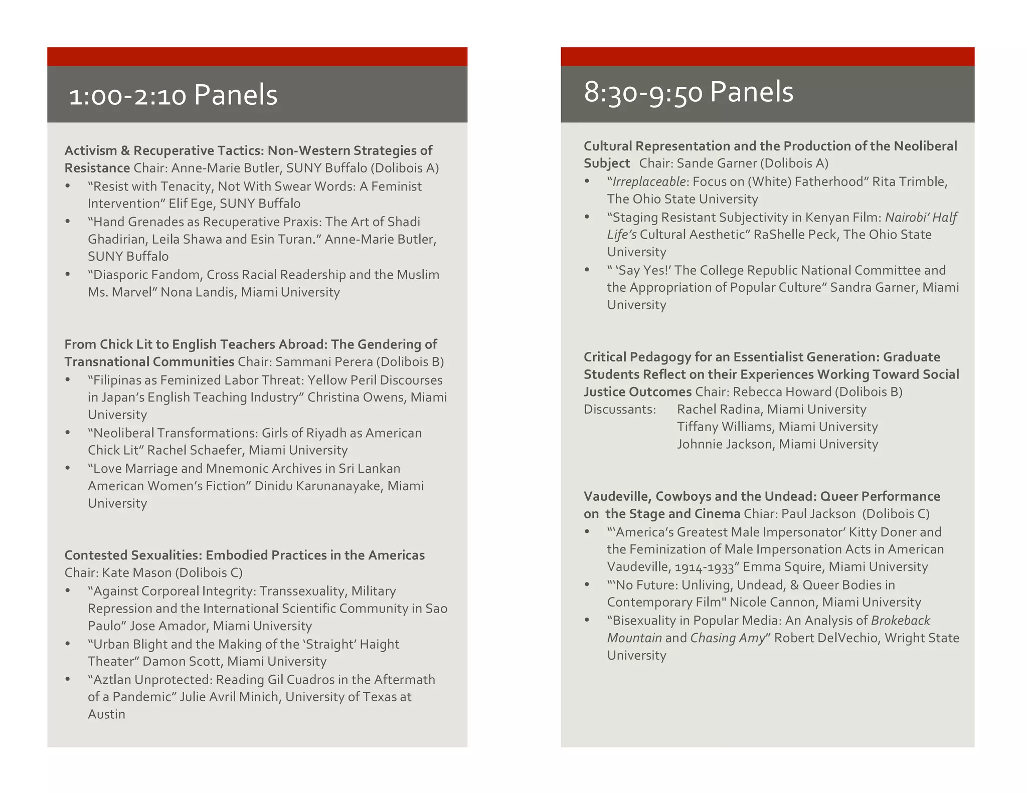8:30-­‐9:50	
  Panels	
  
Cultural	
  Representation	
  and	
  the	
  Production	
  of	
  the	
  Neoliberal	
  
Subject	
  	
  	
  Chair:	
  Sande	
  Garner	
  (Dolibois	
  A)	
  
• “Irreplaceable:	
  Focus	
  on	
  (White)	
  Fatherhood”	
  Rita	
  Trimble,	
  
The	
  Ohio	
  State	
  University	
  
• “Staging	
  Resistant	
  Subjectivity	
  in	
  Kenyan	
  Film:	
  Nairobi’	
  Half	
  
Life’s	
  Cultural	
  Aesthetic”	
  RaShelle	
  Peck,	
  The	
  Ohio	
  State	
  
University	
  
• “	
  ‘Say	
  Yes!’	
  The	
  College	
  Republic	
  National	
  Committee	
  and	
  
the	
  Appropriation	
  of	
  Popular	
  Culture”	
  Sandra	
  Garner,	
  Miami	
  
University	
  
	
  
	
  
Critical	
  Pedagogy	
  for	
  an	
  Essentialist	
  Generation:	
  Graduate	
  
Students	
  Reflect	
  on	
  their	
  Experiences	
  Working	
  Toward	
  Social	
  
Justice	
  Outcomes	
  Chair:	
  Rebecca	
  Howard	
  (Dolibois	
  B)	
  
Discussants:	
  	
   Rachel	
  Radina,	
  Miami	
  University	
  
	
   	
   Tiffany	
  Williams,	
  Miami	
  University	
  
	
   	
   Johnnie	
  Jackson,	
  Miami	
  University	
  
	
  
	
  
Vaudeville,	
  Cowboys	
  and	
  the	
  Undead:	
  Queer	
  Performance	
  
on	
  	
  the	
  Stage	
  and	
  Cinema	
  Chiar:	
  Paul	
  Jackson	
  	
  (Dolibois	
  C)	
  
• “‘America’s	
  Greatest	
  Male	
  Impersonator’	
  Kitty	
  Doner	
  and	
  
the	
  Feminization	
  of	
  Male	
  Impersonation	
  Acts	
  in	
  American	
  
Vaudeville,	
  1914-­‐1933”	
  Emma	
  Squire,	
  Miami	
  University	
  
• “‘No	
  Future:	
  Unliving,	
  Undead,	
  &	
  Queer	
  Bodies	
  in	
  
Contemporary	
  Film"	
  Nicole	
  Cannon,	
  Miami	
  University	
  
• “Bisexuality	
  in	
  Popular	
  Media:	
  An	
  Analysis	
  of	
  Brokeback	
  
Mountain	
  and	
  Chasing	
  Amy”	
  Robert	
  DelVechio,	
  Wright	
  State	
  
University	
  
1:00-­‐2:10	
  Panels	
  
	
  Activism	
  &	
  Recuperative	
  Tactics:	
  Non-­‐Western	
  Strategies	
  of	
  
Resistance	
  Chair:	
  Anne-­‐Marie	
  Butler,	
  SUNY	
  Buffalo	
  (Dolibois	
  A)	
  
• “Resist	
  with	
  Tenacity,	
  Not	
  With	
  Swear	
  Words:	
  A	
  Feminist	
  
Intervention”	
  Elif	
  Ege,	
  SUNY	
  Buffalo	
  
• “Hand	
  Grenades	
  as	
  Recuperative	
  Praxis:	
  The	
  Art	
  of	
  Shadi	
  
Ghadirian,	
  Leila	
  Shawa	
  and	
  Esin	
  Turan.”	
  Anne-­‐Marie	
  Butler,	
  
SUNY	
  Buffalo	
  
• “Diasporic	
  Fandom,	
  Cross	
  Racial	
  Readership	
  and	
  the	
  Muslim	
  
Ms.	
  Marvel”	
  Nona	
  Landis,	
  Miami	
  University	
  
	
  
	
  
From	
  Chick	
  Lit	
  to	
  English	
  Teachers	
  Abroad:	
  The	
  Gendering	
  of	
  
Transnational	
  Communities	
  Chair:	
  Sammani	
  Perera	
  (Dolibois	
  B)	
  
• “Filipinas	
  as	
  Feminized	
  Labor	
  Threat:	
  Yellow	
  Peril	
  Discourses	
  
in	
  Japan’s	
  English	
  Teaching	
  Industry”	
  Christina	
  Owens,	
  Miami	
  
University	
  
• “Neoliberal	
  Transformations:	
  Girls	
  of	
  Riyadh	
  as	
  American	
  
Chick	
  Lit”	
  Rachel	
  Schaefer,	
  Miami	
  University	
  
• “Love	
  Marriage	
  and	
  Mnemonic	
  Archives	
  in	
  Sri	
  Lankan	
  
American	
  Women’s	
  Fiction”	
  Dinidu	
  Karunanayake,	
  Miami	
  
University	
  
	
  
	
  
Contested	
  Sexualities:	
  Embodied	
  Practices	
  in	
  the	
  Americas	
  
Chair:	
  Kate	
  Mason	
  (Dolibois	
  C)	
  
• “Against	
  Corporeal	
  Integrity:	
  Transsexuality,	
  Military	
  
Repression	
  and	
  the	
  International	
  Scientific	
  Community	
  in	
  Sao	
  
Paulo”	
  Jose	
  Amador,	
  Miami	
  University	
  
• “Urban	
  Blight	
  and	
  the	
  Making	
  of	
  the	
  ‘Straight’	
  Haight	
  
Theater”	
  Damon	
  Scott,	
  Miami	
  University	
  
• “Aztlan	
  Unprotected:	
  Reading	
  Gil	
  Cuadros	
  in	
  the	
  Aftermath	
  
of	
  a	
  Pandemic”	
  Julie	
  Avril	
  Minich,	
  University	
  of	
  Texas	
  at	
  
Austin	
  
	
  
 