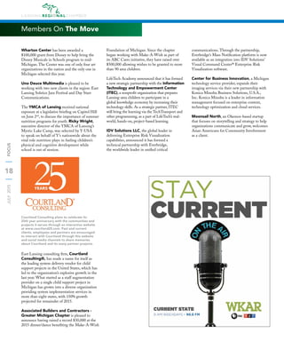 18
JULY2015FOCUS
Wharton Center has been awarded a
$100,000 grant from Disney to help bring the
Disney Musicals in Schools program to mid-
Michigan. The Center was one of only four art
organizations in the nation and the only one in
Michigan selected this year.
Uno Deuce Multimedia is pleased to be
working with two new clients in the region: East
Lansing Solstice Jazz Festival and Day Starr
Communications.
The YMCA of Lansing received national
exposure at a legislative brieﬁng on Capitol Hill
on June 2nd
, to discuss the importance of summer
nutrition programs for youth. Ricky Wright,
executive director of the YMCA of Lansing’s
Mystic Lake Camp, was selected by Y-USA
to speak on behalf of Y’s nationwide about the
vital role nutrition plays in fueling children’s
physical and cognitive development while
school is out of session.
East Lansing consulting ﬁrm, Courtland
Consulting®, has made a name for itself as
the leading system delivery vendor for child
support projects in the United States, which has
led to the organization’s explosive growth in the
last year. What started as a staff augmentation
provider on a single child support project in
Michigan has grown into a diverse organization
providing system implementation services in
more than eight states, with 150% growth
projected for remainder of 2015.
Associated Builders and Contractors -
Greater Michigan Chapter is pleased to
announce having raised a record $30,000 at the
2015 dinner/dance beneﬁting the Make-A-Wish
Foundation of Michigan. Since the chapter
began working with Make-A-Wish as part of
its ABC Cares initiative, they have raised over
$500,000 allowing wishes to be granted to more
than 90 area children.
LifeTech Academy announced that it has formed
a new strategic partnership with the Information
Technology and Empowerment Center
(ITEC), a nonproﬁt organization that prepares
Lansing-area children to participate in a
global knowledge economy by increasing their
technology skills. As a strategic partner, ITEC
will bring the learning via the TechTransport and
other programming, as a part of LifeTech’s real-
world, hands-on, project-based learning.
IDV Solutions LLC, the global leader in
delivering Enterprise Risk Visualization
capabilities, announced it has formed a
technical partnership with Everbridge,
the worldwide leader in uniﬁed critical
communications. Through the partnership,
Everbridge’s Mass Notiﬁcation platform is now
available as an integration into IDV Solutions’
Visual Command Center® Enterprise Risk
Visualization software.
Center for Business Innovation, a Michigan
technology service provider, expands their
imaging services via their new partnership with
Konica Minolta Business Solutions, U.S.A.,
Inc. Konica Minolta is a leader in information
management focused on enterprise content,
technology optimization and cloud services.
Moonsail North, an Okemos-based startup
that focuses on storytelling and strategy to help
organizations communicate and grow, welcomes
Asian Americans for Community Involvement
as a client.
Members On The Move
Courtland Consulting plans to celebrate its
25th year anniversary with the communities and
projects it serves through an interactive website
at www.courtland25.com. Past and current
clients, employees and partners are encouraged
to interact with Courtland through this website
and social media channels to share memories
about Courtland and its many partner projects.
 