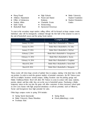 ● Dawg Pound
● Athletics Department
● Office of Admissions
● Student Affairs
● Spirit Teams
● Basketball Band
● High Schools
● Parent and Alumni
Relations
● Charitable Events
● Homecoming
● Sponsored Giveaways
● Butler University
Student Foundation
● Student Orientation
Guides
To cater to the secondary target market, selling efforts will be focused on large campus events.
Individual sales will be strategically continued through the first half of the semester to cater to
the end of basketball season and the spring break market.
Date Campus Event
January 10, 2016 Butler Men’s Basketball vs. Villanova
January 16, 2016 Butler Men’s Basketball vs. St. John
January 27, 2016 Butler Men’s Basketball vs. DePaul
February 2, 2016 Butler Men’s Basketball vs. Georgetown
February 13, 2016 Butler Men’s Basketball vs. Xavier
February 16, 2016 Butler Men’s Basketball vs. Creighton
March 02, 2016 Butler Men’s Basketball vs. Seton Hall
March 05, 2016 Butler Men’s Basketball vs. Marquette
These events will draw large crowds of spirited fans to campus, making it the ideal time to offer
our product. In order to reach the greatest number of potential customers, the BU Tattoos team
will be at multiple locations around campus. Selling locations near the parking garage and
Hinkle Fieldhouse/Butler Bowl will allow BU Tattoos to come in contact with many students,
parents, alumni and fans while they are on the way to basketball games. Purchasing a Butler
temporary tattoo on the way into the game will allow customers to show increased school spirit
at a low cost. Games with high projected attendance or sell-out potential, such as Villanova,
Xavier and Georgetown have high potential for sales.
Other large campus events in spring 2016 include:
● Spring Sports Spectacular
● Butler University Dance Marathon
● Freshman Skits
● Spring Break
● Greek philanthropy events
 