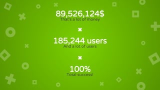 89,526,124$
That’s a lot of money
100%
Total success!
185,244 users
And a lot of users
 