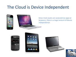 What
The
[ ? ]
The Cloud is Device Independent
Since most assets are accessed via apps or
browsers, there is a large amount of device
independence.
 