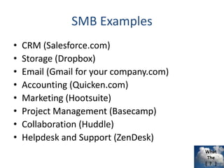What
The
[ ? ]
SMB Examples
• CRM (Salesforce.com)
• Storage (Dropbox)
• Email (Gmail for your company.com)
• Accounting (Quicken.com)
• Marketing (Hootsuite)
• Project Management (Basecamp)
• Collaboration (Huddle)
• Helpdesk and Support (ZenDesk)
 