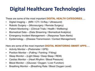 Digital Healthcare Technologies
These are some of the most important DIGITAL HEALTH CATEGORIES.....
• Digital Imaging – (MRI / CTI / X-Ray / Ultrasound)
• Robotic Surgery – (Microsurgery / Remote Surgery)
• Patient Monitoring – (Clinical Trials / Health / Wellbeing)
• Biomedical Data – (Data Streaming / Biomedical Analytics)
• Emergency Incident Management – (Response Team Alerts)
• Epidemiology – (Disease Transmission / Contact Management)
Here are some of the most important DIGITAL MONITORING SMART APPS.....
• Activity Monitor – (Pedometer / GPS)
• Position Monitor – (Falling / Fainting / Fitting)
• Sleep Monitor – (Light Sleep / Deep Sleep / REM)
• Cardiac Monitor – (Heart Rhythm / Blood Pressure)
• Blood Monitor – (Glucose / Oxygen / Liver Function)
• Breathing Monitor – (Breathing Rate / Blood Oxygen Level)
 