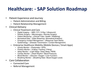 Healthcare: - SAP Solution Roadmap
• Patient Experience and Journey
– Patient Administration and Billing
– Patient Relationship Management
• Clinical Delivery
– Clinical Treatment and Care
• Digital Imaging – (MRI / CTI / X-Ray / Ultrasound)
• Robotic Surgery – (Microsurgery / Remote Surgery)
• Patient Monitoring – (Clinical Trials / Health / Wellbeing)
• Biomedical Data – (Data Streaming / Biomedical Analytics)
• Emergency Incident Management – (Response Team Alerts)
• Epidemiology – (Disease Transmission / Contact Management)
– Enterprise Healthcare Mobility (Mobile Devices / Smart Apps)
• Activity Monitor – (Pedometer / GPS)
• Position Monitor – (Falling / Fainting / Fitting)
• Sleep Monitor – (Light Sleep / Deep Sleep / REM)
• Cardiac Monitor – (Heart Rhythm / Blood Pressure)
• Blood Monitor – (Glucose / Oxygen / Liver Function)
• Breathing Monitor – (Breathing Rate / Blood Oxygen Level)
• Care Collaboration
– Connected Care
– Referral Management
 