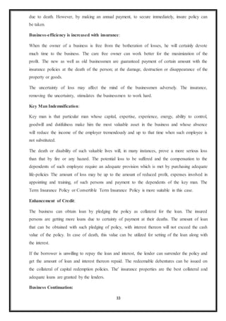 33
due to death. However, by making an annual payment, to secure immediately, insure policy can
be taken.
Business-efficiency is increased with insurance:
When the owner of a business is free from the botheration of losses, he will certainly devote
much time to the business. The care free owner can work better for the maximization of the
profit. The new as well as old businessmen are guaranteed payment of certain amount with the
insurance policies at the death of the person; at the damage, destruction or disappearance of the
property or goods.
The uncertainty of loss may affect the mind of the businessmen adversely. The insurance,
removing the uncertainty, stimulates the businessmen to work hard.
Key Man Indemnification:
Key man is that particular man whose capital, expertise, experience, energy, ability to control,
goodwill and dutifulness make him the most valuable asset in the business and whose absence
will reduce the income of the employer tremendously and up to that time when such employee is
not substituted.
The death or disability of such valuable lives will, in many instances, prove a more serious loss
than that by fire or any hazard. The potential loss to be suffered and the compensation to the
dependents of such employee require an adequate provision which is met by purchasing adequate
life-policies The amount of loss may be up to the amount of reduced profit, expenses involved in
appointing and training, of such persons and payment to the dependents of the key man. The
Term Insurance Policy or Convertible Term Insurance Policy is more suitable in this case.
Enhancement of Credit:
The business can obtain loan by pledging the policy as collateral for the loan. The insured
persons are getting more loans due to certainty of payment at their deaths. The amount of loan
that can be obtained with such pledging of policy, with interest thereon will not exceed the cash
value of the policy. In case of death, this value can be utilized for setting of the loan along with
the interest.
If the borrower is unwilling to repay the loan and interest, the lender can surrender the policy and
get the amount of loan and interest thereon repaid. The redeemable debentures can be issued on
the collateral of capital redemption policies. The' insurance properties are the best collateral and
adequate loans are granted by the lenders.
Business Continuation:
 