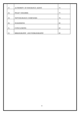 9
17. AUTHORITY OF INSURANCE AGENT 73
18. POLICY HOLDERS 77
19. TOP INSURANCE COMPANIES 78
20. SUGGESIONS 82
21. CONCLUSIONS 83
22. BIBLIOGRAPHY AND WEBLIOGRAPHY 85
 