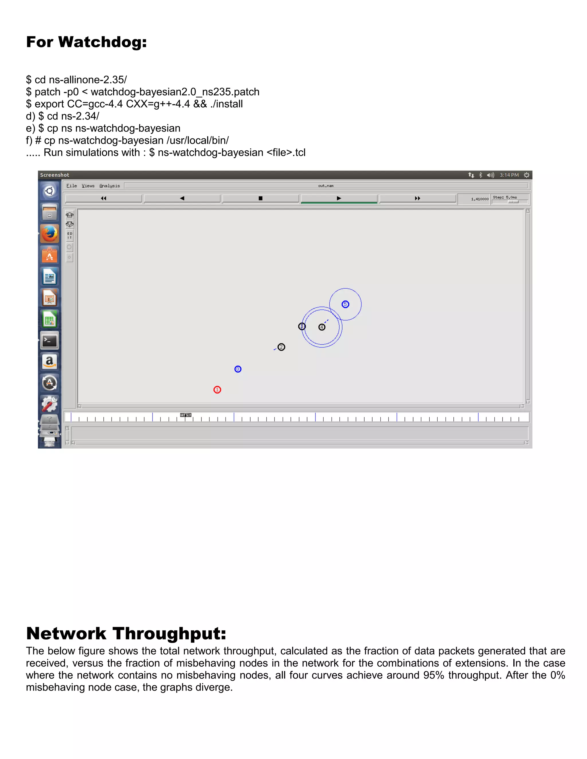 For Watchdog:
$ cd ns-allinone-2.35/
$ patch -p0 < watchdog-bayesian2.0_ns235.patch
$ export CC=gcc-4.4 CXX=g++-4.4 && ./install
d) $ cd ns-2.34/
e) $ cp ns ns-watchdog-bayesian
f) # cp ns-watchdog-bayesian /usr/local/bin/
..... Run simulations with : $ ns-watchdog-bayesian <file>.tcl
Network Throughput:
The below figure shows the total network throughput, calculated as the fraction of data packets generated that are
received, versus the fraction of misbehaving nodes in the network for the combinations of extensions. In the case
where the network contains no misbehaving nodes, all four curves achieve around 95% throughput. After the 0%
misbehaving node case, the graphs diverge.
 