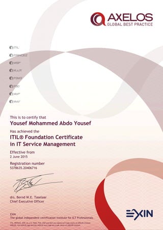 EXIN
The global independent certification institute for ICT Professionals
ITIL, PRINCE2, MSP, M_o_R, P3M3, P3O, MoP and MoV are registered trade marks of AXELOS Limited.
AXELOS, the AXELOS logo and the AXELOS swirl logo are trade marks of AXELOS Limited.
This is to certify that
Yousef Mohammed Abdo Yousef
Has achieved the
ITIL® Foundation Certificate
in IT Service Management
Effective from
2 June 2015
Registration number
5378635.20406716
drs. Bernd W.E. Taselaar
Chief Executive Officer
 