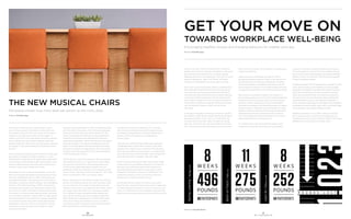 30
OFS BRANDS
31
GET YOUR MOVE ON
Back-on-Track|Fall2015
Lean16|Winter2016
SpringLeaning|Spring2015
P O U N D S L O S T
Think about the last time you played musical chairs.
Count the participants, then gather one less chair than
the number of persons. The music stops, and the person
standing is out. Take away a chair and do it again. In
today’s world, the music never stops. Individuals just keep
going, tackling their day through meetings, tasks and
general interaction. When the music does pause, where are
you sitting? Is that space conducive towards the activity
at-hand?
Many conversations today revolve around how many seats
per person are needed in today’s workplace. Is it one?
Maybe three? It depends on the organization, department
and the type of work needed to get done; however, when
you think about primary, secondary and social spaces at
minimum, what is truly needed are choices.
Technically, 1st Place is home and 2nd Place is work. 3rd
Place was originally described as places outside of home
and work, designations such as cafés, coffee shops and
local gathering places. This approach as a community is
thoroughly covered by urban sociologist, Ray Oldendburg,
author of “The Great Good Place” (1991). Just like there
have always been makers (i.e. blacksmiths, cobblers) but
now we’re in a maker movement, there have always been
third places (i.e. libraries, parks, general stores), and we’re
in a third place movement. Today, similar to maker spaces,
third spaces benefit in popularity from greater awareness
of a connected world and a shift towards right-brained
appreciation. And, even more so, the evolution of these
movements simply resonates with boomers to digital
natives without effort.
Starbucks and establishments of their ilk benefited greatly
from the onset of third place. Then, third place, generally
reserved outside of home and office, became the “3rd
Space” and was planted internally among organizations
to benefit from the great atmosphere and interaction
these spaces generated. Casual collisions, the bump factor,
all became rooted in the reasons to dedicate prime real
estate to informal spaces that accommodate individuals
and small-to-medium-to-large groups with various levels
of public and private applications. Why are organizations
doing this? Because it works.
“Clients ask me, ‘what’s this space over here you planned
with nobody’s name on it?’ I respond with ‘that is where
the most work will get done.’ We purposely plan in 30
to 40% of third space because the research and our
experience shows how important it is to productivity and
overall culture. They reply, ‘what’s third space?,’” Pam Light,
Senior Vice President, HOK Los Angeles, relates.
What is 3rd space? It’s that inviting lounge chair next to a
window with tablet and power and some seclusion where
you can knock out 45 minutes of work before your next
meeting. It’s the small round table with three chairs where
your project team can meet for an impromptu meeting.
It’s a highback lounge configuration that replaces four
walls, yet has all the privacy four colleagues need. Now,
add LinkedIn-type networking to an external third space
with cool amenities and charge for access...say hello to
co-working, another movement that fits the generational
blend and evolution of work/home/play.
Technology, more so the untethering of it, combined
with transient workforces spawned third space activity
as designers recognized that individuals needed only a
percent of time in the office or at a dedicated or
primary space.
“We coach our clients through a deep-dive assessment
of dedicated space. What’s the run-rate on daily office
capacity? How mobile is your workforce? The allocation
of primary, secondary and third spaces is a measurement.
Then, the proximity of the third space is just as important
as recognizing that it is needed,” adds Pam Light.
What’s more, just like musical chairs, third spaces create
movement and flow by being a destination, just like that
last open chair. Individuals remove their bodies from
statue-like positions and walk to a new space to work.
Movement is well-being. Interaction is well-being. Third
spaces done properly will be just like the kitchen at a
house party...it’s where everyone ends up.
So, let’s play the new version of musical chairs where
everyone has a couple of seats to choose from, depending
on what’s playing on the day’s to-do list. The new musical
chairs isn’t reserved just for the workplace. Education and
healthcare environments dance right along to this tune too!
THE NEW MUSICAL CHAIRS
3rd spaces answer how many seats per person as the music plays.
Written by Nick Blessinger
GET YOUR MOVE ON
TOWARDS WORKPLACE WELL-BEING
Encouraging healthier choices and changing behaviors for a better work day.
Written by Nick Blessinger
Don’t just sit there...Move! This phrase often uttered by
parents and coaches to motivate individuals to take action
also translates into the battle cry in the fight against
sedentary positions in the workplace. The word “sit” could
easily be replaced by “stand,” but “Move!” still reigns
supreme for the healthiest way to go about your day.
Study upon study of prolonged sitting or standing prove
that purposeful, incremental movement throughout the
day is the only way to ensure proper blood flow which
nourishes the body and prevents toxin buildup, especially
in the spine. What’s interesting is that the research also
shows that no matter how much you exercise outside of
the workday, the effects of stagnant sitting and standing
can’t be reversed...inaction simply must be turned
into action.
In the age of wearables technology, movement shouldn’t
be a problem, right? Buzzes, beeps and flashes should be
abundant reminders to not “just sit or stand there” but
to Move!, stretch and walk. Often the events of the day
take over, and if we’re not uber-disciplined and focused
on a culture that promotes well-being, movement moves
down the list of priorities. Yet movement must become as
inherent as breathing.
What starts out as something very specific, that is,
eliminating sedentary positions, really is just one piece of
the overall puzzle to make the workplace full of healthy
choices and behaviors. Workplace well-being must be a
holistic approach and part of an overall strategic program
to support an organization’s most important asset, people.
Well-being as a workplace initiative is the catalyst to
boost energy, productivity and morale, mitigate healthcare
expenses and serve an integral role in the recruiting and
retaining of talent. Creating a culture of well-being by
empowering employees with accessible programs, classes,
incentives, teams, information and the flexibility to make
healthier choices throughout the day builds fundamental
elements that transcend employees simply coming to
work. The workday becomes an extension of your active
lifestyle rather than an interruption of it.
“It’s amazing how much team building happens when
people are running hills and doing push-ups together
during our morning, lunchtime and afternoon workouts.
The encouragement and commitment translates directly
back into their daily responsibilities and making healthier
lifestyle choices. It’s powerful!” Alice Brescher, Corporate
Fitness Coordinator, attests.
Supporting people from all perspectives: creating nutrition
plans, exercise classes and challenges, providing height
adjustable workstations and ergonomic seating solutions
along with the education of how to properly use them;
these small, purposeful steps can produce big results in
the pursuit of a thriving well-being culture. Additionally,
when alignment and buy-in are apparent, especially in
active, consistent participation from leaders and managers,
employees are exponentially more likely to take advantage
of the programs and support offered to them.
Whether a company of 3 or 3,000, create an evolution
with movement and a commitment to well-being as a
fundamental initiative in your business model. It will make a
difference. Don’t just stand or sit there...Move!
llustration by Kenneth Spond
 