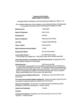 Employment Schedule Changes to salary