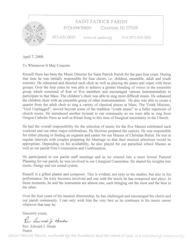 russell stern church music director recommendations sample college recommendation letter from pastor
