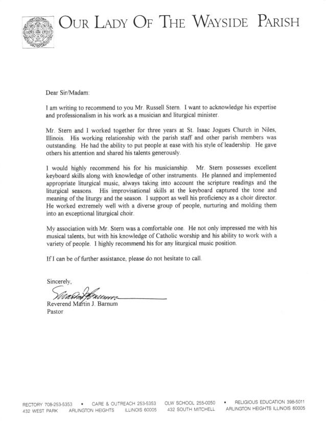 russell stern church music director recommendations recommendation letter from religious leader