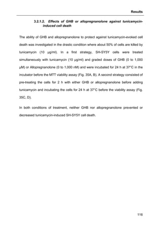 Results
116
3.2.1.2. Effects of GHB or allopregnanolone against tunicamycin-
induced cell death
The ability of GHB and allopregnanolone to protect against tunicamycin-evoked cell
death was investigated in the drastic condition where about 50% of cells are killed by
tunicamycin (10 µg/ml). In a first strategy, SH-SY5Y cells were treated
simultaneously with tunicamycin (10 µg/ml) and graded doses of GHB (0 to 1,000
µM) or Allopregnanolone (0 to 1,000 nM) and were incubated for 24 h at 37°C in the
incubator before the MTT viability assay (Fig. 35A, B). A second strategy consisted of
pre-treating the cells for 2 h with either GHB or allopregnanolone before adding
tunicamycin and incubating the cells for 24 h at 37°C before the viability assay (Fig.
35C, D).
In both conditions of treatment, neither GHB nor allopregnanolone prevented or
decreased tunicamycin-induced SH-SY5Y cell death.
 