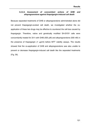 Results
121
3.2.2.4. Assessment of concomitant actions of GHB and
allopregnanolone against thapsigargin-induced cell death
Because separated treatments of GHB or allopregnanolone administrated alone did
not prevent thapsigargin-evoked cell death, we investigated whether the co-
application of these two drugs may be effective to counteract the cell loss caused by
thapsigargin. Therefore, native and genetically modified SH-SY5Y cells were
concomitantly treated for 24 h with GHB (500 µM) and allopregnanolone (500 nM) in
the presence of thapsigargin (1 µg/ml) before MTT viability assays. The results
showed that the co-application of GHB and allopregnanolone was also unable to
prevent or decrease thapsigargin-induced cell death like the separated treatments
(Fig. 39).
 