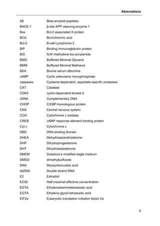 Abreviations
6
Aβ Beta-amyloid peptides
BACE-1 β-site APP cleaving enzyme 1
Bax Bcl-2 associated X protein
BCA Bicinchoninic acid
Bcl-2 B-cell Lymphoma 2
BiP Binding immunoglobulin protein
BIS N,N'-methylene-bis-acrylamide
BMG Buffered Minimal Glycerol
BMM Buffered Minimal Methanol
BSA Bovine serum albumine
cAMP Cyclic adenosine monophosphate
caspases Cysteine-dependent, aspartate-specific proteases
CAT Catalase
CDK5 cyclin-dependent kinase 5
cDNA Complementary DNA
CHOP C/EBP-homologous protein
CNS Central nervous system
COX Cytochrome c oxidase
CREB cAMP response element binding protein
Cyt c Cytochrome c
DBD DNA-binding domain
DHEA Dehydroepiandrosterone
DHP Dihydroprogesterone
DHT Dihydrotestosterone
DMEM Dubelcco’s modified eagle medium
DMSO dimethylsulfoxide
DNA Deoxyribonucleic acid
dsDNA Double strand DNA
E2 Estradiol
EC50 Half maximal effective concentration
EDTA Ethylenediaminetetraacetic acid
EGTA Ethylene glycol tetraacetic acid
EIF2α Eukaryotic translation initiation factor 2α
 