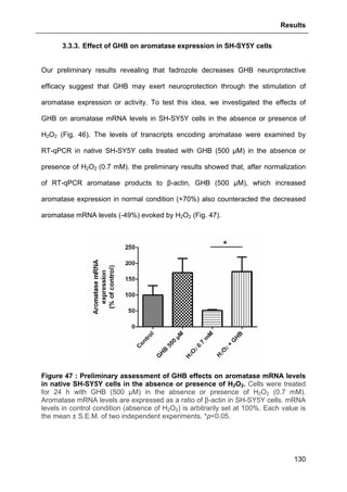 Results
130
3.3.3. Effect of GHB on aromatase expression in SH-SY5Y cells
Our preliminary results revealing that fadrozole decreases GHB neuroprotective
efficacy suggest that GHB may exert neuroprotection through the stimulation of
aromatase expression or activity. To test this idea, we investigated the effects of
GHB on aromatase mRNA levels in SH-SY5Y cells in the absence or presence of
H2O2 (Fig. 46). The levels of transcripts encoding aromatase were examined by
RT-qPCR in native SH-SY5Y cells treated with GHB (500 µM) in the absence or
presence of H2O2 (0.7 mM). the preliminary results showed that, after normalization
of RT-qPCR aromatase products to β-actin, GHB (500 µM), which increased
aromatase expression in normal condition (+70%) also counteracted the decreased
aromatase mRNA levels (-49%) evoked by H2O2 (Fig. 47).
Figure 47 : Preliminary assessment of GHB effects on aromatase mRNA levels
in native SH-SY5Y cells in the absence or presence of H2O2. Cells were treated
for 24 h with GHB (500 µM) in the absence or presence of H2O2 (0.7 mM).
Aromatase mRNA levels are expressed as a ratio of β-actin in SH-SY5Y cells. mRNA
levels in control condition (absence of H2O2) is arbitrarily set at 100%. Each value is
the mean ± S.E.M. of two independent experiments. *p<0.05.
 