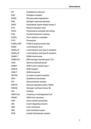 Abreviations
7
ER Endoplasmic reticulum
E2R Estrogens receptor
ERAD ER associated degradation
ERE Estrogen response elements
ERK2 Extracellular signal-related kinase 2
ETC Electron transport chain
FACS Fluorescence activated cell sorting
FAD Familial Alzheimer’s disease
FADH2 Flavin adenine nucleotide
FITC Fluorescein
FURA-2 AM FURA-2 acetoxymethyl ester
GABA γ-aminobutyric acid
GABAA-R γ-aminobutyric acid type A receptors
GABAB-R γ-aminobutyric acid type B receptors
GABA-T GABA-transminase
GADD153 DNA damage inducible gene 153
GHB Gamma-hydroxybutyrate
GHBh1 GHB human receptor type 1
GHB-R GHB-receptor
GHB-T GHB-transporter
GPCRs G protein-coupled receptors
GPX Glutathione peroxidase
GR Glucocorticoids receptor
GRP78 Glucose-regulated protein 78kDa
GSK3β Glycogen synthase kinase 3β
HIS Histidine
HMG-CoA 3-hydroxy-3-methylglutaryl-CoA
HMGR HMG-CoA reductase
HRP Horse raddish peroxidase
IDE Insulin degrading enzyme
IMM Inner membrane
IMS Inter-membrane space
IP3R Inositol triphosphate receptor
 