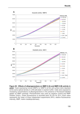 Results
135
Figure 50 : Effects of allopregnanolone on MMP-2 (A) and MMP-9 (B) activity in
yeast. Yeast expressing human MMP-2 or MMP-9 at the cell surface were deposed
at the same optical density in a 96-well plate in reaction buffer. Cells were exposed to
increasing concentrations of allopregnanolone in the presence of fluorescein-labeled
gelatin as MMP substrate. Phenanthroline was used as negative control and MMP
inhibitor (Inhib.). Green fluorescence is recorded each 20 min for 20 h. Each value
represents the mean of three independent experiments (RFU, relative fluorescence
intensity. MMP, matrix metalloproteinase).
 