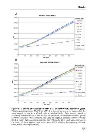 Results
136
Figure 51 : Effects of estradiol on MMP-2 (A) and MMP-9 (B) activity in yeast.
Yeast expressing human MMP-2 or MMP-9 at the cell surface were deposed at the
same optical density in a 96-well plate in reaction buffer. Cells were exposed to
increasing concentrations of estradiol in the presence of fluorescein-labeled gelatin
as MMP substrate. Phenanthroline was used as negative control and MMP inhibitor
(Inhib.). Green fluorescence is recorded each 20 min for 20 h. Each value represents
the mean of three independent experiments (RFU, relative fluorescence intensity.
MMP, matrix metalloproteinase).
 