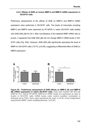 Results
138
3.4.2. Effects of GHB on human MMP-2 and MMP-9 mRNA expression in
SH-SY5Y cells
Preliminary assessments of the effects of GHB on MMP-2 and MMP-9 mRNA
expression were performed in SH-SY5Y cells. The levels of transcripts encoding
MMP-2 and MMP-9 were examined by RT-qPCR in native SH-SY5Y cells treated
with GHB (500 µM) for 24 h. After normalization of the obtained MMP mRNA ratio to
β-actin, it appeared that GHB (500 µM) did not change MMP-2 mRNA levels in SH-
SY5Y cells (Fig. 53A). However, GHB (500 µM) significantly decreased the level of
MMP-9 in SH-SY5Y cells (-72,7%, p<0.05), suggesting a differential effect of GHB on
MMPs expression.
Figure 53 : Preliminary assessment of GHB effects on MMP-2 (A) and MMP-9
(B) mRNA expression in native SH-SY5Y cells. Cells were treated with 500 µM
GHB for 24 h before RT-qPCR. MMP-2/-9 mRNA levels are expressed as ratio to
β-actin in SH-SY5Y cells. mRNA levels under control condition (untreated) is
arbitrarily set at 100%. Each value represents the mean ± S.E.M. of two independent
experiments (MMP, matrix metalloproteinase; *p<0.05).
 