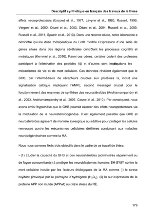 Descriptif synthétique en français des travaux de la thèse
179
effets neuroprotecteurs (Escuret et al., 1977, Lavyne et al., 1983, Russell, 1999,
Vergoni et al., 2000, Ottani et al., 2003, Ottani et al., 2004, Russell et al., 2009,
Russell et al., 2011, Spaeth et al., 2013). Dans une récente étude, notre laboratoire a
démontré qu’une dose thérapeutique du GHB modifie l’expression d’une série de
gènes situés dans des régions cérébrales contrôlant les processus cognitifs et
mnésiques (Kemmel et al., 2010). Parmi ces gènes, certains codent des protéases
participant à l’élimination des peptides Aβ et d’autres sont impliqués dans les
mécanismes de vie et de mort cellulaire. Ces données révèlent également que le
GHB, par l’intermédiaire de récepteurs couplés aux protéines G, induit une
signalisation calcique impliquant l’AMPc, second messager crucial pour le
fonctionnement des enzymes de synthèse des neurostéroïdes (Andriamampandry et
al., 2003, Andriamampandry et al., 2007, Coune et al., 2010). Par conséquent, nous
avons émis l’hypothèse que le GHB pourrait exercer des effets neuroprotecteurs via
la modulation de la neurostéroïdogénèse. Il est également possible que GHB et
neurostéroïdes agissent de manière synergique ou additive pour protéger les cellules
nerveuses contre les mécanismes cellulaires délétères conduisant aux maladies
neurodégénératives comme la MA.
Nous nous sommes fixés trois objectifs dans le cadre de ce travail de thèse:
- (1) Etudier la capacité du GHB et des neurostéroïdes (administrés séparément ou
de façon concomittante) à protéger les neuroblastomes humains SH-SY5Y contre la
mort cellulaire induite par les facteurs étiologiques de la MA comme (i) le stress
oxydant provoqué par le peroxyde d’hydrogène (H2O2), (ii) la sur-expression de la
protéine APP non mutée (APPwt) ou (iii) le stress du RE.
 