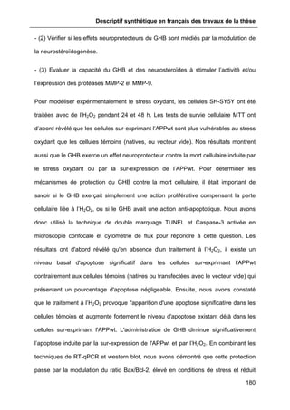 Descriptif synthétique en français des travaux de la thèse
180
- (2) Vérifier si les effets neuroprotecteurs du GHB sont médiés par la modulation de
la neurostéroïdogénèse.
- (3) Evaluer la capacité du GHB et des neurostéroïdes à stimuler l’activité et/ou
l’expression des protéases MMP-2 et MMP-9.
Pour modéliser expérimentalement le stress oxydant, les cellules SH-SY5Y ont été
traitées avec de l’H2O2 pendant 24 et 48 h. Les tests de survie cellulaire MTT ont
d’abord révélé que les cellules sur-exprimant l’APPwt sont plus vulnérables au stress
oxydant que les cellules témoins (natives, ou vecteur vide). Nos résultats montrent
aussi que le GHB exerce un effet neuroprotecteur contre la mort cellulaire induite par
le stress oxydant ou par la sur-expression de l’APPwt. Pour déterminer les
mécanismes de protection du GHB contre la mort cellulaire, il était important de
savoir si le GHB exerçait simplement une action proliférative compensant la perte
cellulaire liée à l’H2O2, ou si le GHB avait une action anti-apoptotique. Nous avons
donc utilisé la technique de double marquage TUNEL et Caspase-3 activée en
microscopie confocale et cytométrie de flux pour répondre à cette question. Les
résultats ont d'abord révélé qu'en absence d'un traitement à l’H2O2, il existe un
niveau basal d'apoptose significatif dans les cellules sur-exprimant l'APPwt
contrairement aux cellules témoins (natives ou transfectées avec le vecteur vide) qui
présentent un pourcentage d'apoptose négligeable. Ensuite, nous avons constaté
que le traitement à l’H2O2 provoque l'apparition d'une apoptose significative dans les
cellules témoins et augmente fortement le niveau d'apoptose existant déjà dans les
cellules sur-exprimant l'APPwt. L'administration de GHB diminue significativement
l’apoptose induite par la sur-expression de l'APPwt et par l’H2O2. En combinant les
techniques de RT-qPCR et western blot, nous avons démontré que cette protection
passe par la modulation du ratio Bax/Bcl-2, élevé en conditions de stress et réduit
 