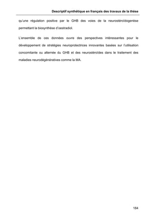 Descriptif synthétique en français des travaux de la thèse
184
qu’une régulation positive par le GHB des voies de la neurostéroïdogenèse
permettant la biosynthèse d’oestradiol.
L’ensemble de ces données ouvre des perspectives intéressantes pour le
développement de stratégies neuroprotectrices innovantes basées sur l’utilisation
concomitante ou alternée du GHB et des neurostéroïdes dans le traitement des
maladies neurodégénératives comme la MA.
 