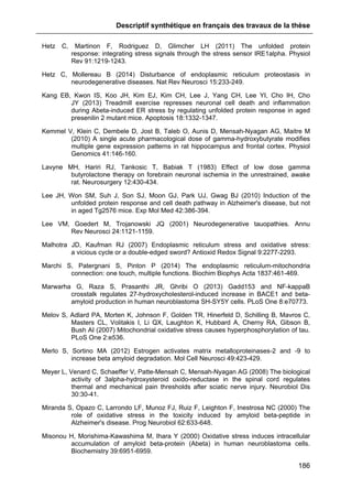 Descriptif synthétique en français des travaux de la thèse
186
Hetz C, Martinon F, Rodriguez D, Glimcher LH (2011) The unfolded protein
response: integrating stress signals through the stress sensor IRE1alpha. Physiol
Rev 91:1219-1243.
Hetz C, Mollereau B (2014) Disturbance of endoplasmic reticulum proteostasis in
neurodegenerative diseases. Nat Rev Neurosci 15:233-249.
Kang EB, Kwon IS, Koo JH, Kim EJ, Kim CH, Lee J, Yang CH, Lee YI, Cho IH, Cho
JY (2013) Treadmill exercise represses neuronal cell death and inflammation
during Abeta-induced ER stress by regulating unfolded protein response in aged
presenilin 2 mutant mice. Apoptosis 18:1332-1347.
Kemmel V, Klein C, Dembele D, Jost B, Taleb O, Aunis D, Mensah-Nyagan AG, Maitre M
(2010) A single acute pharmacological dose of gamma-hydroxybutyrate modifies
multiple gene expression patterns in rat hippocampus and frontal cortex. Physiol
Genomics 41:146-160.
Lavyne MH, Hariri RJ, Tankosic T, Babiak T (1983) Effect of low dose gamma
butyrolactone therapy on forebrain neuronal ischemia in the unrestrained, awake
rat. Neurosurgery 12:430-434.
Lee JH, Won SM, Suh J, Son SJ, Moon GJ, Park UJ, Gwag BJ (2010) Induction of the
unfolded protein response and cell death pathway in Alzheimer's disease, but not
in aged Tg2576 mice. Exp Mol Med 42:386-394.
Lee VM, Goedert M, Trojanowski JQ (2001) Neurodegenerative tauopathies. Annu
Rev Neurosci 24:1121-1159.
Malhotra JD, Kaufman RJ (2007) Endoplasmic reticulum stress and oxidative stress:
a vicious cycle or a double-edged sword? Antioxid Redox Signal 9:2277-2293.
Marchi S, Patergnani S, Pinton P (2014) The endoplasmic reticulum-mitochondria
connection: one touch, multiple functions. Biochim Biophys Acta 1837:461-469.
Marwarha G, Raza S, Prasanthi JR, Ghribi O (2013) Gadd153 and NF-kappaB
crosstalk regulates 27-hydroxycholesterol-induced increase in BACE1 and beta-
amyloid production in human neuroblastoma SH-SY5Y cells. PLoS One 8:e70773.
Melov S, Adlard PA, Morten K, Johnson F, Golden TR, Hinerfeld D, Schilling B, Mavros C,
Masters CL, Volitakis I, Li QX, Laughton K, Hubbard A, Cherny RA, Gibson B,
Bush AI (2007) Mitochondrial oxidative stress causes hyperphosphorylation of tau.
PLoS One 2:e536.
Merlo S, Sortino MA (2012) Estrogen activates matrix metalloproteinases-2 and -9 to
increase beta amyloid degradation. Mol Cell Neurosci 49:423-429.
Meyer L, Venard C, Schaeffer V, Patte-Mensah C, Mensah-Nyagan AG (2008) The biological
activity of 3alpha-hydroxysteroid oxido-reductase in the spinal cord regulates
thermal and mechanical pain thresholds after sciatic nerve injury. Neurobiol Dis
30:30-41.
Miranda S, Opazo C, Larrondo LF, Munoz FJ, Ruiz F, Leighton F, Inestrosa NC (2000) The
role of oxidative stress in the toxicity induced by amyloid beta-peptide in
Alzheimer's disease. Prog Neurobiol 62:633-648.
Misonou H, Morishima-Kawashima M, Ihara Y (2000) Oxidative stress induces intracellular
accumulation of amyloid beta-protein (Abeta) in human neuroblastoma cells.
Biochemistry 39:6951-6959.
 