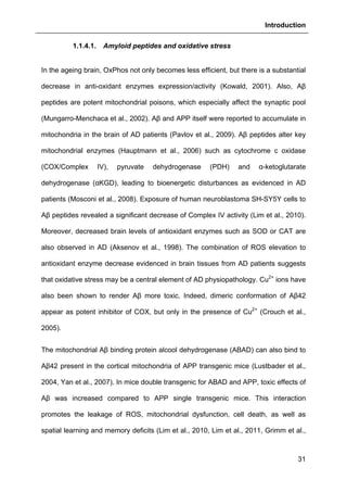 Introduction
31
1.1.4.1. Amyloid peptides and oxidative stress
In the ageing brain, OxPhos not only becomes less efficient, but there is a substantial
decrease in anti-oxidant enzymes expression/activity (Kowald, 2001). Also, Aβ
peptides are potent mitochondrial poisons, which especially affect the synaptic pool
(Mungarro-Menchaca et al., 2002). Aβ and APP itself were reported to accumulate in
mitochondria in the brain of AD patients (Pavlov et al., 2009). Aβ peptides alter key
mitochondrial enzymes (Hauptmann et al., 2006) such as cytochrome c oxidase
(COX/Complex IV), pyruvate dehydrogenase (PDH) and α-ketoglutarate
dehydrogenase (αKGD), leading to bioenergetic disturbances as evidenced in AD
patients (Mosconi et al., 2008). Exposure of human neuroblastoma SH-SY5Y cells to
Aβ peptides revealed a significant decrease of Complex IV activity (Lim et al., 2010).
Moreover, decreased brain levels of antioxidant enzymes such as SOD or CAT are
also observed in AD (Aksenov et al., 1998). The combination of ROS elevation to
antioxidant enzyme decrease evidenced in brain tissues from AD patients suggests
that oxidative stress may be a central element of AD physiopathology. Cu2+
ions have
also been shown to render Aβ more toxic. Indeed, dimeric conformation of Aβ42
appear as potent inhibitor of COX, but only in the presence of Cu2+
(Crouch et al.,
2005).
The mitochondrial Aβ binding protein alcool dehydrogenase (ABAD) can also bind to
Aβ42 present in the cortical mitochondria of APP transgenic mice (Lustbader et al.,
2004, Yan et al., 2007). In mice double transgenic for ABAD and APP, toxic effects of
Aβ was increased compared to APP single transgenic mice. This interaction
promotes the leakage of ROS, mitochondrial dysfunction, cell death, as well as
spatial learning and memory deficits (Lim et al., 2010, Lim et al., 2011, Grimm et al.,
 