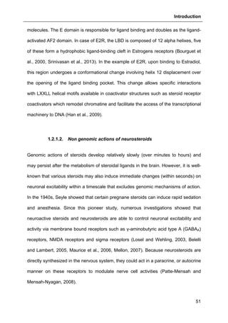 Introduction
51
molecules. The E domain is responsible for ligand binding and doubles as the ligand-
activated AF2 domain. In case of E2R, the LBD is composed of 12 alpha helixes, five
of these form a hydrophobic ligand-binding cleft in Estrogens receptors (Bourguet et
al., 2000, Srinivasan et al., 2013). In the example of E2R, upon binding to Estradiol,
this region undergoes a conformational change involving helix 12 displacement over
the opening of the ligand binding pocket. This change allows specific interactions
with LXXLL helical motifs available in coactivator structures such as steroid receptor
coactivators which remodel chromatine and facilitate the access of the transcriptional
machinery to DNA (Han et al., 2009).
1.2.1.2. Non genomic actions of neurosteroids
Genomic actions of steroids develop relatively slowly (over minutes to hours) and
may persist after the metabolism of steroidal ligands in the brain. However, it is well-
known that various steroids may also induce immediate changes (within seconds) on
neuronal excitability within a timescale that excludes genomic mechanisms of action.
In the 1940s, Seyle showed that certain pregnane steroids can induce rapid sedation
and anesthesia. Since this pioneer study, numerous investigations showed that
neuroactive steroids and neurosteroids are able to control neuronal excitability and
activity via membrane bound receptors such as γ-aminobutyric acid type A (GABAA)
receptors, NMDA receptors and sigma receptors (Losel and Wehling, 2003, Belelli
and Lambert, 2005, Maurice et al., 2006, Mellon, 2007). Because neurosteroids are
directly synthesized in the nervous system, they could act in a paracrine, or autocrine
manner on these receptors to modulate nerve cell activities (Patte-Mensah and
Mensah-Nyagan, 2008).
 