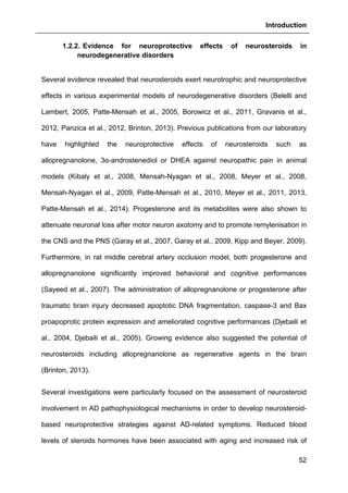 Introduction
52
1.2.2. Evidence for neuroprotective effects of neurosteroids in
neurodegenerative disorders
Several evidence revealed that neurosteroids exert neurotrophic and neuroprotective
effects in various experimental models of neurodegenerative disorders (Belelli and
Lambert, 2005, Patte-Mensah et al., 2005, Borowicz et al., 2011, Gravanis et al.,
2012, Panzica et al., 2012, Brinton, 2013). Previous publications from our laboratory
have highlighted the neuroprotective effects of neurosteroids such as
allopregnanolone, 3α-androstenediol or DHEA against neuropathic pain in animal
models (Kibaly et al., 2008, Mensah-Nyagan et al., 2008, Meyer et al., 2008,
Mensah-Nyagan et al., 2009, Patte-Mensah et al., 2010, Meyer et al., 2011, 2013,
Patte-Mensah et al., 2014). Progesterone and its metabolites were also shown to
attenuate neuronal loss after motor neuron axotomy and to promote remylenisation in
the CNS and the PNS (Garay et al., 2007, Garay et al., 2009, Kipp and Beyer, 2009).
Furthermore, in rat middle cerebral artery occlusion model, both progesterone and
allopregnanolone significantly improved behavioral and cognitive performances
(Sayeed et al., 2007). The administration of allopregnanolone or progesterone after
traumatic brain injury decreased apoptotic DNA fragmentation, caspase-3 and Bax
proapoprotic protein expression and ameliorated cognitive performances (Djebaili et
al., 2004, Djebaili et al., 2005). Growing evidence also suggested the potential of
neurosteroids including allopregnanolone as regenerative agents in the brain
(Brinton, 2013).
Several investigations were particularly focused on the assessment of neurosteroid
involvement in AD pathophysiological mechanisms in order to develop neurosteroid-
based neuroprotective strategies against AD-related symptoms. Reduced blood
levels of steroids hormones have been associated with aging and increased risk of
 