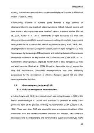 Introduction
54
showing that brain estrogen deficiency accelerates Aβ plaque formation in AD animal
models (Yue et al., 2005).
Accumulating evidence in humans points towards a high potential of
allopregnanolone to counteract AD-related symptoms. Indeed, reduced plasma and
brain levels of allopregnanolone were found AD patients in several studies (Marx et
al., 2006, Naylor et al., 2010). Treatments of triple transgenic AD mice with
allopregnanolone was able to reverse neurogenic and cognitive deficits by promoting
neurogenesis in the subventricular zone of hippocampus (Wang et al., 2010). Also,
allopregnanolone reduced Aβ-oligomers accumulation in triple transgenic AD mice
hippocampus by decreasing ABAD expression and restoring cholesterol homeostasis
through the increase of the key enzyme HMG-CoA-Reductase (Chen et al., 2011a).
Furthermore, allopregnanolone improved memory both in triple transgenic AD mice
and wild-type mice (Singh et al., 2012). Altogether, these data strongly support the
idea that neurosteroids, particularly allopregnanolone may offer interesting
perspectives for the development of effective therapies against AD and other
neurodegenerative disorders.
1.3. Gamma-hydroxybutyrate (GHB)
1.3.1. GHB : an endogenous neuromodulator
γ-hydroxybutyric acid (GHB) is a molecule which was first synthesized in 1960 by the
French anesthesiologist H. Laborit, who attempted to generate an easily brain-
permeable form of the principal inhibitory neurotransmitter GABA (Laborit et al.,
1960). Three years later, GHB was reported to be an endogenous constituent of the
mammalian brain and a GABA metabolite (Bessman and Fishbein, 1963). GABA is
translocated into the mitochondria and transformed to succinic semialdehyde (SSA)
 