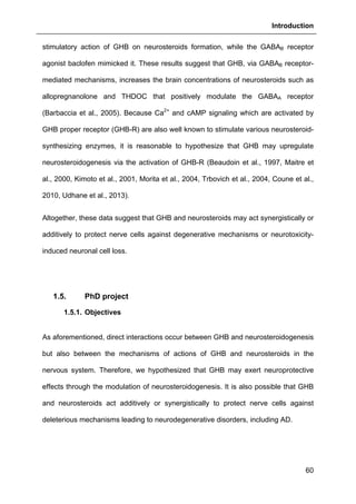 Introduction
60
stimulatory action of GHB on neurosteroids formation, while the GABAB receptor
agonist baclofen mimicked it. These results suggest that GHB, via GABAB receptor-
mediated mechanisms, increases the brain concentrations of neurosteroids such as
allopregnanolone and THDOC that positively modulate the GABAA receptor
(Barbaccia et al., 2005). Because Ca2+
and cAMP signaling which are activated by
GHB proper receptor (GHB-R) are also well known to stimulate various neurosteroid-
synthesizing enzymes, it is reasonable to hypothesize that GHB may upregulate
neurosteroidogenesis via the activation of GHB-R (Beaudoin et al., 1997, Maitre et
al., 2000, Kimoto et al., 2001, Morita et al., 2004, Trbovich et al., 2004, Coune et al.,
2010, Udhane et al., 2013).
Altogether, these data suggest that GHB and neurosteroids may act synergistically or
additively to protect nerve cells against degenerative mechanisms or neurotoxicity-
induced neuronal cell loss.
1.5. PhD project
1.5.1. Objectives
As aforementioned, direct interactions occur between GHB and neurosteroidogenesis
but also between the mechanisms of actions of GHB and neurosteroids in the
nervous system. Therefore, we hypothesized that GHB may exert neuroprotective
effects through the modulation of neurosteroidogenesis. It is also possible that GHB
and neurosteroids act additively or synergistically to protect nerve cells against
deleterious mechanisms leading to neurodegenerative disorders, including AD.
 