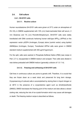 Materials and methods
68
2.4. Cell culture
2.4.1. SH-SY5Y cells
2.4.1.1. Routine culture
Human neuroblastoma SH-SY5Y cells were grown at 37°C under an atmosphere of
5% CO2 in DMEM supplemented with 10% (v/v) heat-inactivated fetal calf serum, 2
mm Glutamax and 1% (v/v) Penicillin/Streptomycin. SH-SY5Y cells were stably
transfected with DNA constructs harboring human wild-type APP695 (APPwt) or the
expression vector pCEP4 (Invitrogen, Europe) alone (control vector) using lipofect
AMINEplus (Invitrogen, Europe). Transfected APPwt cells were grown in DMEM
standard medium supplemented with 300 µg/ml hygromycin.
For the split, cells were washed in Phosphate Buffered Saline (PBS) (see recipe in
Part. 2.7.1), resuspended in DMEM medium and scraped. Then cells were diluted in
new dishes preloaded with DMEM medium (generally a dilution of 1:3 / 1:4).
2.4.1.2. Freezing and unfreezing of SH-SY5Y cells
Cell lines in continuous culture are prone to genetic drift. Therefore, it is crucial that
they are frozen down as a seed stock and preserved for long term storage.
Cryopreserving of cultured cells is accomplished by storing them in liquid nitrogen or
at -80°C in the presence of a cryoprotective agent such as dimethylsulfoxide
(DMSO). DMSO decreases the freezing point of the medium and also allows a slower
cooling rate, reducing the risk of ice crystal formation which may cause cell damages
or death. The freezing medium recipe is described as follows.
 