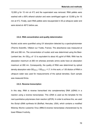 Materials and methods
78
12,000 g for 15 min at 4°C and the supernatant was removed. RNA pellets were
washed with a 80% ethanol solution and were centrifuged again at 12,000 g for 15
min at 4°C. Finally, each RNA pellets were resuspended in 50 µl ultrapure water and
were stored at -80°C before use.
2.6.2. RNA concentration and quality determination
Nucleic acids were quantified using UV absorption detected by a spectrophotometer
(Thermo Scientific, Villebon sur Yvette, France). The absorbance was measured at
260 and 280 nm. The concentration of nucleic acid was determined using the Beer-
Lambert law. An OD260 of 1.0 is equivalent to about 40 µg/ml of RNA. RNA has its
absorption maximum at 260 nm whereas aromatic amino acids have an absorption
maximum at 280 nm. Consequently, the quality of RNA was determined by optical
density absorption ratio OD260nm / OD280nm >1.7. In this work, a 1:50 dilution of RNA in
ultrapure water was used for measurements of the optical densities. Each sample
was measured thrice.
2.6.3. Reverse transcription
In this step, RNA is reverse transcribed into complementary DNA (cDNA) in a
reaction using a reverse transcriptase. This cDNA is used as the template for the
next quantitative polymerase chain reaction (qPCR). In order to achieve this, we used
the iScript cDNA synthesis kit (BioRad, Hercules, USA), which contains a modified
Moloney Murine Leukemia Virus (MMLV)-reverse transcriptase characterized by its
lower RNase H activity.
 