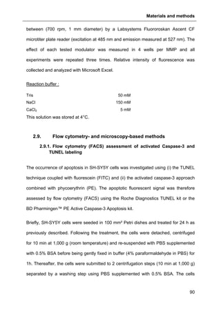 Materials and methods
90
between (700 rpm, 1 mm diameter) by a Labsystems Fluororoskan Ascent CF
microtiter plate reader (excitation at 485 nm and emission measured at 527 nm). The
effect of each tested modulator was measured in 4 wells per MMP and all
experiments were repeated three times. Relative intensity of fluorescence was
collected and analyzed with Microsoft Excel.
Reaction buffer :
Tris 50 mM
NaCl 150 mM
CaCl2 5 mM
This solution was stored at 4°C.
2.9. Flow cytometry- and microscopy-based methods
2.9.1. Flow cytometry (FACS) assessment of activated Caspase-3 and
TUNEL labeling
The occurrence of apoptosis in SH-SY5Y cells was investigated using (i) the TUNEL
technique coupled with fluorescein (FITC) and (ii) the activated caspase-3 approach
combined with phycoerythrin (PE). The apoptotic fluorescent signal was therefore
assessed by flow cytometry (FACS) using the Roche Diagnostics TUNEL kit or the
BD Pharmingen™ PE Active Caspase-3 Apoptosis kit.
Briefly, SH-SY5Y cells were seeded in 100 mm² Petri dishes and treated for 24 h as
previously described. Following the treatment, the cells were detached, centrifuged
for 10 min at 1,000 g (room temperature) and re-suspended with PBS supplemented
with 0.5% BSA before being gently fixed in buffer (4% paraformaldehyde in PBS) for
1h. Thereafter, the cells were submitted to 2 centrifugation steps (10 min at 1,000 g)
separated by a washing step using PBS supplemented with 0.5% BSA. The cells
 