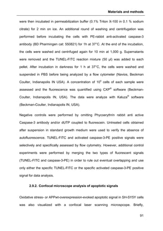 Materials and methods
91
were then incubated in permeabilization buffer (0.1% Triton X-100 in 0.1 % sodium
citrate) for 2 min on ice. An additional round of washing and centrifugation was
performed before incubating the cells with PE-rabbit anti-activated caspase-3
antibody (BD Pharmingen cat: 550821) for 1h at 37°C. At the end of the incubation,
the cells were washed and centrifuged again for 10 min at 1,000 g. Supernatants
were removed and the TUNEL-FITC reaction mixture (50 µl) was added to each
pellet. After incubation in darkness for 1 h at 37°C, the cells were washed and
suspended in PBS before being analyzed by a flow cytometer (Navios, Beckman
Coulter, Indianapolis IN USA). A concentration of 104
cells of each sample were
assessed and the fluorescence was quantified using CXP®
software (Beckman-
Coulter, Indianapolis IN, USA). The data were analyze with Kaluza®
software
(Beckman-Coulter, Indianapolis IN, USA).
Negative controls were performed by omitting Phycoerythrin rabbit anti active
Caspase-3 antibody and/or dUTP coupled to fluorescein. Untreated cells obtained
after suspension in standard growth medium were used to verify the absence of
autofluorescence. TUNEL-FITC and activated caspase-3-PE positive signals were
selectively and specifically assessed by flow cytometry. However, additional control
experiments were performed by merging the two types of fluorescent signals
(TUNEL-FITC and caspase-3-PE) in order to rule out eventual overlapping and use
only either the specific TUNEL-FITC or the specific activated caspase-3-PE positive
signal for data analysis.
2.9.2. Confocal microscope analysis of apoptotic signals
Oxidative stress- or APPwt-overexpression-evoked apoptotic signal in SH-SY5Y cells
was also visualized with a confocal laser scanning microspcope. Briefly,
 