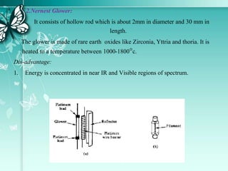 2.Nernest Glower:
It consists of hollow rod which is about 2mm in diameter and 30 mm in
length.
The glower is made of rare earth oxides like Zirconia, Yttria and thoria. It is
heated to a temperature between 1000-1800c.
Dis-advantage:
1. Energy is concentrated in near IR and Visible regions of spectrum.
 